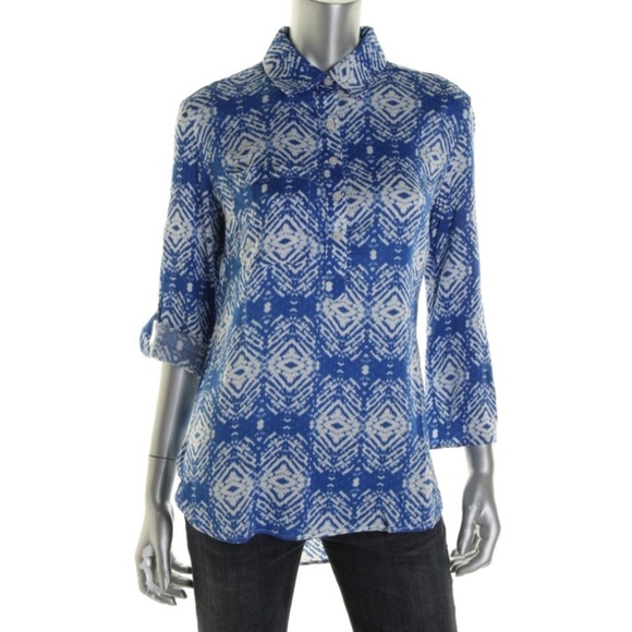 Felicite Blue/White Printed Hi-Lo SZ L Blouse - Picture 2 of 3